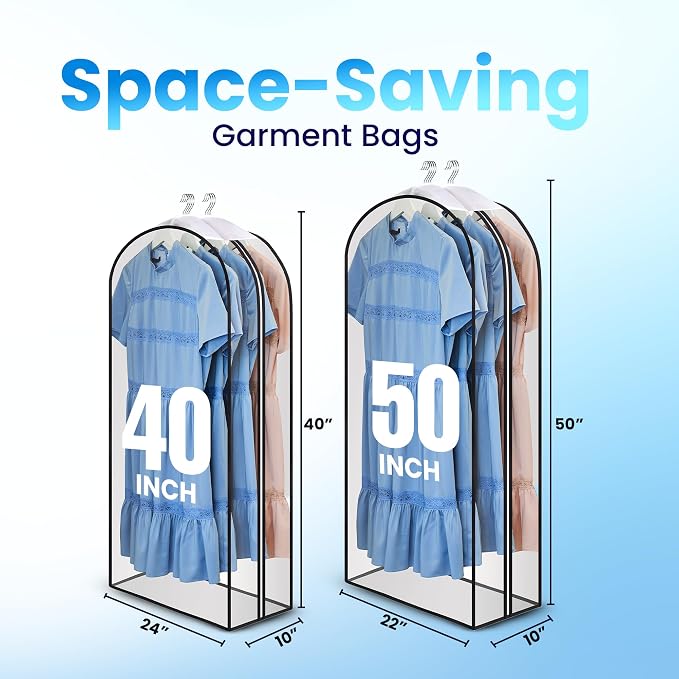 Handy Laundry Clear Garment Bags for Hanging Clothes, 50" Suit Bags with 10" Gusset, Heavy Duty Closet Storage Covers for Coats, Dresses, Shirts, Jackets, Dustproof & Breathable, 4 Pack