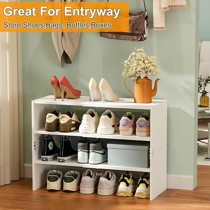 White Shoe Rack Organizer for Closet, 3-Tier Expandable Shoe Shelf, Stackable Iron Wood Combination Shoe Racks Shelves for Closets, Entryway,Small Space,Hallway,Garage,Holds 8-16 Pairs of Shoes
