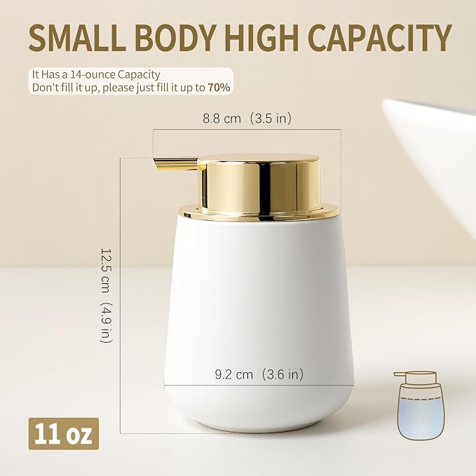 Bosilunlife Ceramic Bathroom Soap Dispenser - 12Oz Bathroom Countertop Kitchen Dish Soap Pump Dispenser Liquid Soap Dispenser - Matte White with Gold
