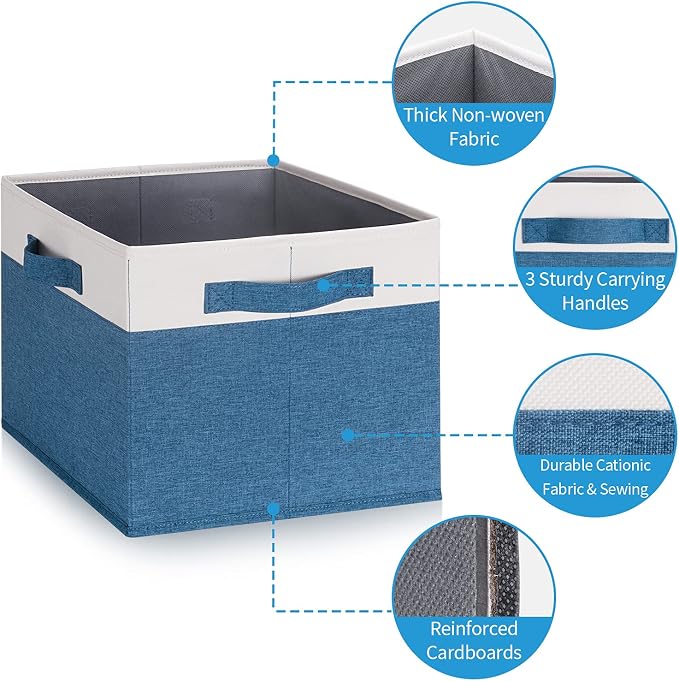 GhvyenntteS 6 Pack Fabric Storage Bins, 15x11x9.6 inch Closet Storage Bins for Shelves with 3 Handles, Foldable Storage Baskets for Shelves, Sturdy Closet Organizers and Storage Boxes, Blue