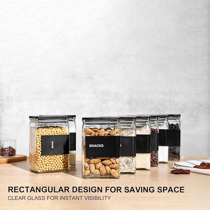 Glass Storage Jars with Bamboo Lids, 27oz Square Spice Jars for Kitchen Pantry Organization, Glass Seasoning Bottles Spice Containers with Labels for Cereal Flour Beans Tea