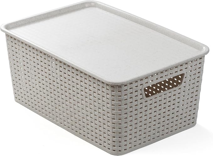 BINO | Plastic Storage Baskets with Lids, 15.5 Liter - 3 Pack, Natural Grey | THE WOVEN COLLECTION | Storage Basket for Shelves | Woven Storage Baskets for Organizing Bins | Pantry Shelf Organizer Bin
