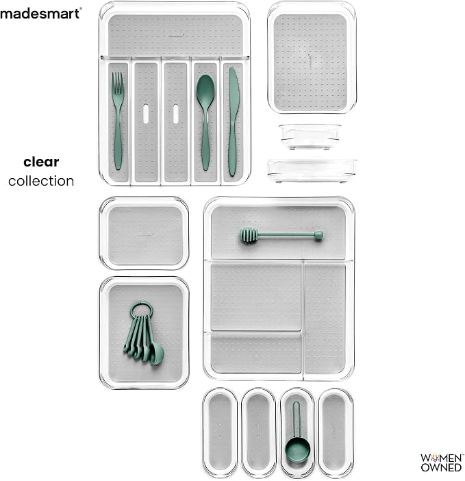 madesmart Premium 4 Compartment Drawer Organizer, Multi Purpose Storage for Utensils, Office Tools, Cords, & Small Household Items, Tech Accessories, Arts & Crafts Supplies, Non Slip Lining, Clear | rounded corners, nonslip feet, visible storage