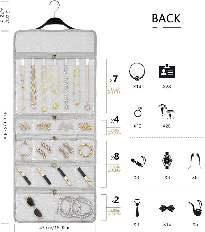 SMRITI Hanging Jewelry Organizer with Dual Zippered Pockets Canvas Double Sided Rotating Hanger Necklace Hanging Wall Organizer Earring Dustproof Holder Wall Mount Accessories Display Bag(Light Grey)