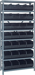 Quantum 2475-483BK Heavy Duty Shelving Unit with (8) Shelves and (28) SSB483 Black Bins for Industrial Warehouse Storage Distribution | 400 lbs Capacity | 24"D x 36"L x 75"H, Galvanized Carbon Steel