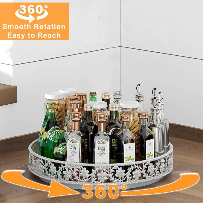 Lazy Susan Turntable Organizer, 13 inch, White | 360°Rotating, Large Rotating Spice Rack, For Dining Table Top, Cabinet Countertop Pantry, Kitchen Cupboard Bathroom