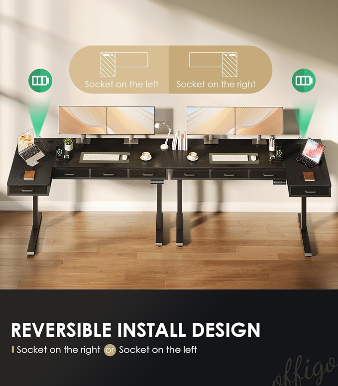 OffiGo 63 Inch L Shaped Electric Standing Desk with 4 Drawers, Black | Reversible Corner Table, Office Desk With 4 Drawers and Outlets For Home Office, Computer Workstation And Sit Stand Use