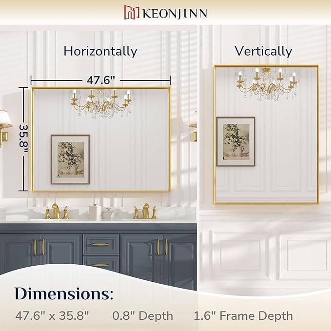 Keonjinn Gold Bathroom Mirror 48 x 36 Inch, Brushed Gold Metal Framed Mirror, Rectangular Square Corner Large Vanity Mirrors for Wall, Oversized Rectangle Mirrors for Over Sink