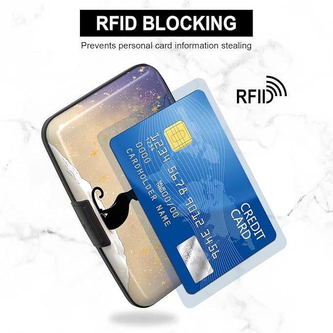 Credit Card Holder, Mini Aluminum Card Wallet RFID Blocking Slim Metal Hard Card Case for Women Men, Moonlight Cat