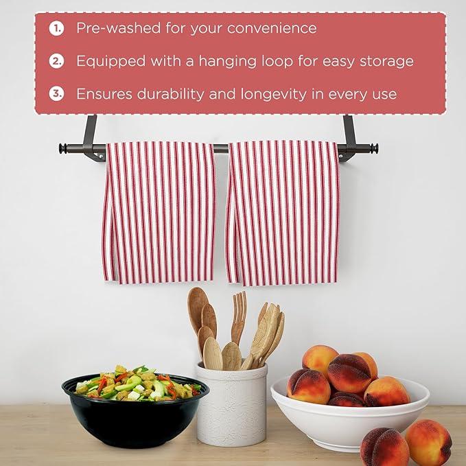 Stripe Kitchen Towels With Hanging Loop - Boho Absorbent Dish Towels Set of 3 - Reversible Reusable 18x28 Inch - Spring French Stripe Red - Festive Gift