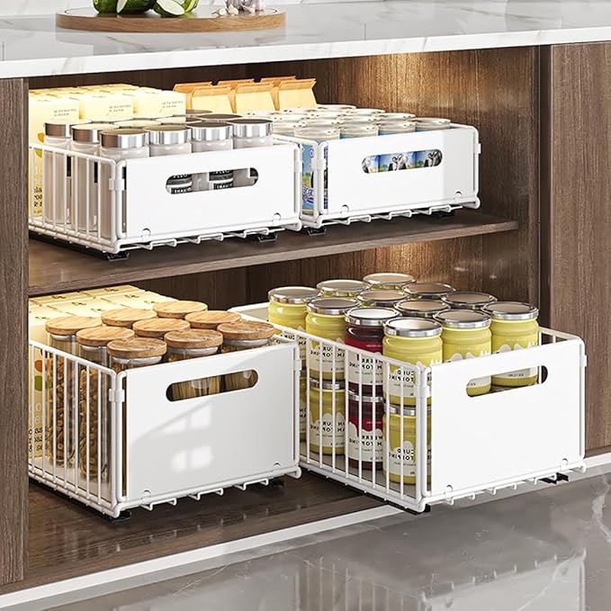 YunNasi Pull Out Cabinet Organizer Slide Out Drawer Storage Shelves Cupboard Organiser Sliding Cabinet Basket for Kitchen No Drilling and Nailing (White, 4Piece 9.8"W X15"D X 7.5"H)