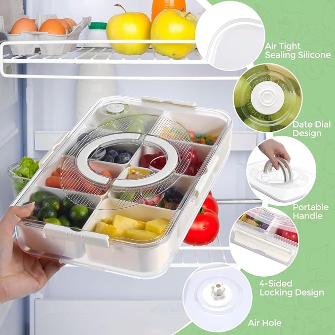 Divided Fridge Storage Box With 8 Serving Tray With Lid And Handle Refrigerator Food Storage Box Plastic 8 Compartment Fridge Container Storage Organiser Fruit Snack Storage (8 Grid)