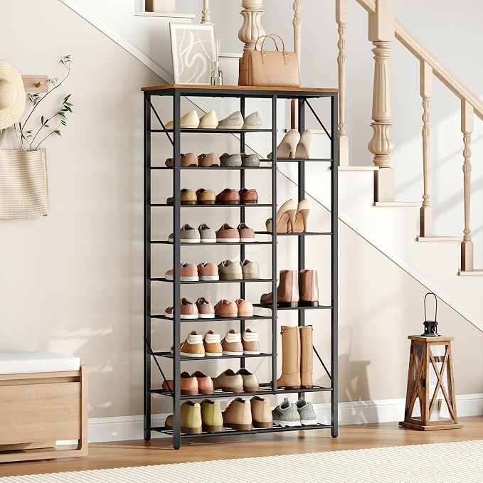 HOOBRO 10 Tier Shoe Rack for Entryway, Large Capacity Tall Shoe Storage | 27.6" L Shoe Shelf, Storage Organizer with Metal Plates, Sturdy and Stable, for Bedroom, Hallway, Closet Rustic Brown