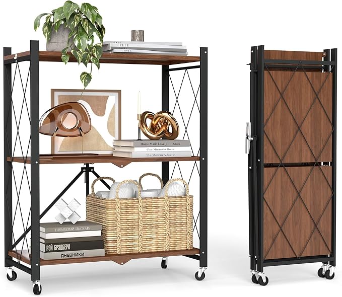 3 Tier Folding Storage Shelves with Wheels, Foldable Bookshelf No Assembly Collapsible Shelf Heavy Duty Rolling Shelving Unit for Kitchen Bedroom Living Room (Black, 27.9"x 13.3"x 35.4")