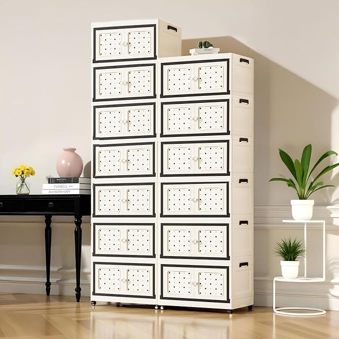 SunSettler Large Collapsible Plastic Storage Bins with Lid, Stackable Cabinets with Wheels, Folding Closet Organizers for Home and Office