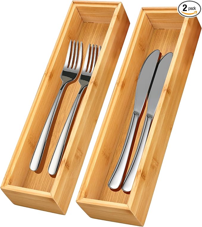 Kitchen Bamboo Drawer Organizer Set of 2, Small Narrow Stackable Drawer Organizer for Silverware, Utensils, Cutlery, Flatware, Junk Drawer, Dresser, Bathroom, 12" x 3" x 2"