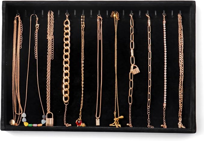 Large Jewelry Organizer for Drawer Insert Velvet Stackable Jewelry Trays for Earring Necklace Bracelet Ring Display (Black, 20 Hooks)