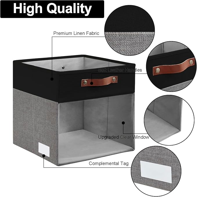 Bagnizer Storage Cubes, 4 Pack Linen Foldable Storage Bins with Clear Window and 2 Handles, 13x15x13 Storage Cube Bins for Shelf Closet, Kallax, Clothes, Books - (Gray / Black)