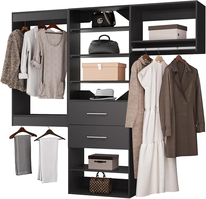 ROOMTEC Modular Closet System, 96" Wall Mounted Modern Closet Organizer with Hanging Rods and Drawers, Wooden Tower for Walk-In Closets, Wardrobe Storage Kit, Black