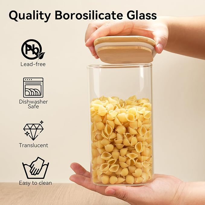6 Pack Glass Pantry Storage Jars - 37oz Airtight Food Storage Containers Set with Bamboo Lid Labels, Square Kitchen Pantry Canister Organizers for Cookies Candy Coffee Bean Sugar Tea Spice Cereal