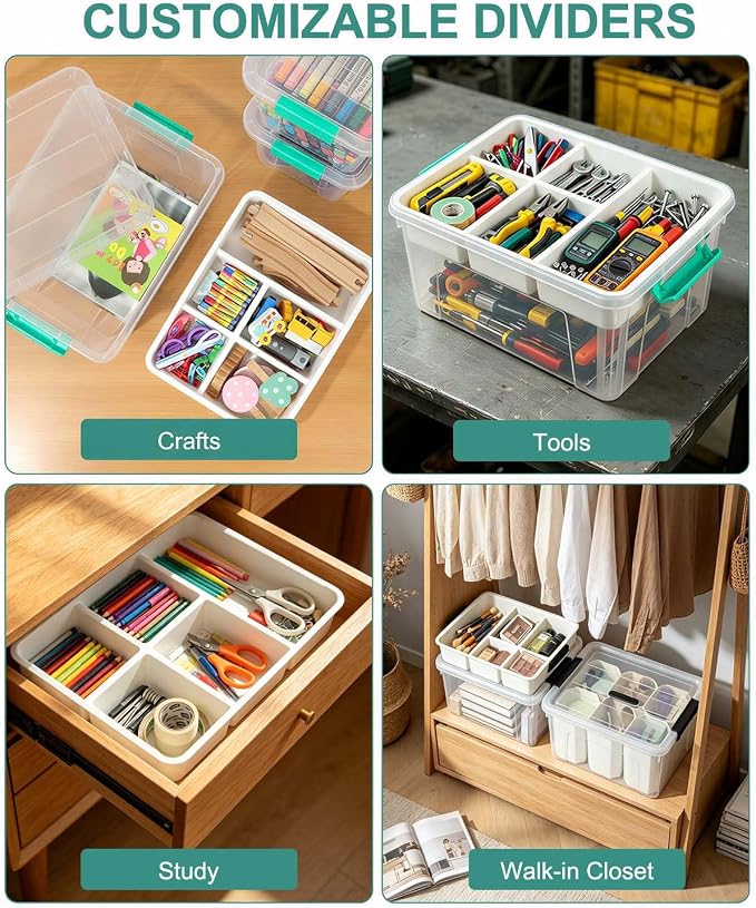 EOENVIVS Clear Stackable Storage Organizer Box with Dividers, Multi-Functional Container for Building Blocks, Toys, Crafts and Tools