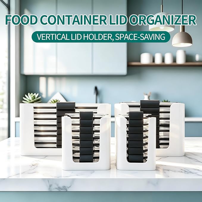 Food Storage Container Lids Organizer for Rubbermaid Brilliance Nap-On Lids,Stackable Food Storage Container Lid Organizer -- Fits 0.5, 1.3, 3.2, 4.7 & 9.6 Cups -- Holds 32 Lids (White,4-Piece Bundle)