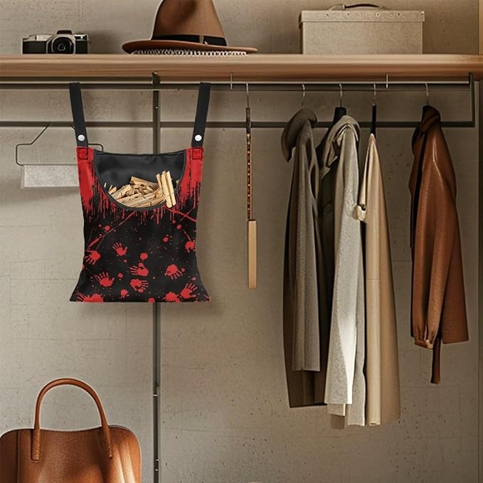 Red Blood Handprint Clothespin Bag with Hanging Hook Summer Laundry Clothes Pin Holder Waterproof Clothes Pin Hanging Bag Clothespin Storage Organizer with Large Opening