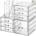 ShineMe Make Up Organizers for Vanity, 2 Tier Acrylic Stackable Cosmetic Organizer with Rotating Makeup Brush Holder & 7 Drawers, Clear Hair Accessory Organizer Countertop for Dresser, Bathroom