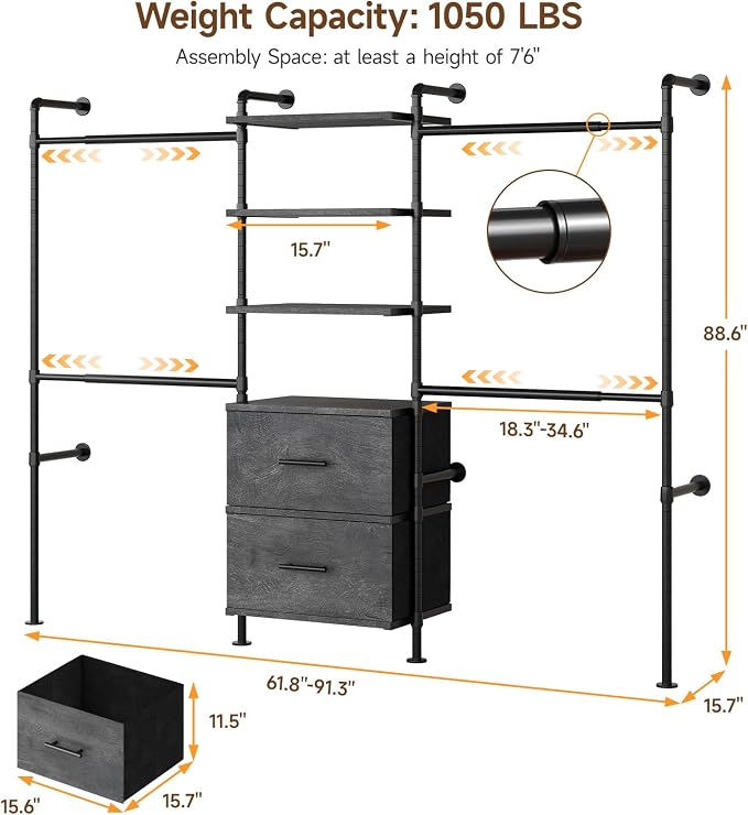 ONBRILL T3 Wall Mounted Industrial Pipe Closet Organizers Storage System | Metal Clothing Rack with 2 Drawers, 6 Wooden Shelves & 4 Expandable Rods, Heavy Duty Garment Rack, Wardrobe (Grey)
