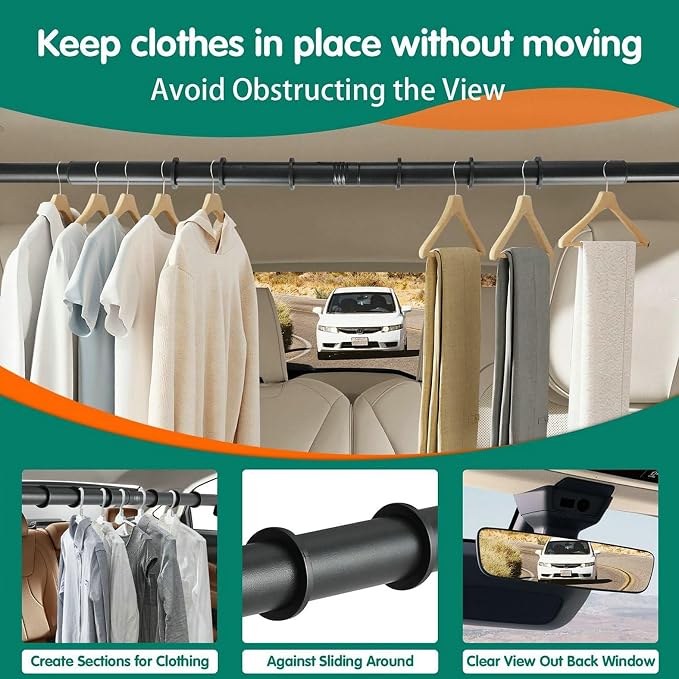 Car Clothes Hanger Bar 30-62 Inch Wrinkle-Free Garment Rack for Vehicles | Heavy-Duty Adjustable Car Clothes Rod with Anti-Slip for SUV, Truck & Sedan, Keeps Clothes Neat for Travel and Business Trips