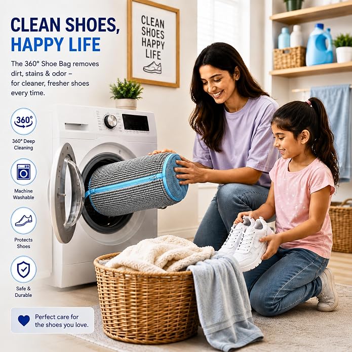 GEWON Shoe Washing Machine Bag for Wash & Dry, 4-in-1 Kit 2 Chenille Sneaker Laundry Bags + 2 Dust Bags, Self-Locking Zipper