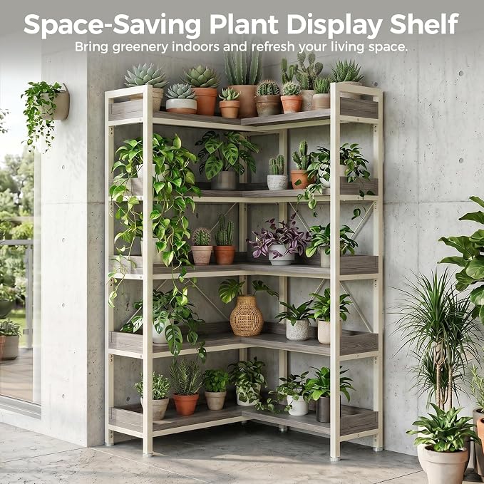 GTPLAYER 5-Tier Corner Bookshelf, L-Shaped Metal Frame Shelf with Tall 14" Shelves, Plant Stand and Storage Rack for Small Spaces, Living Room and Home Office, Grey