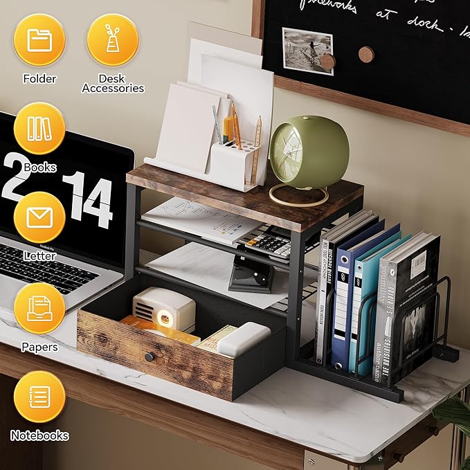 Homeiju Wood Desk Organizer with Drawers, Desk File Organizer with 3 Vertical File Holders, File Shelf,Storage for Mail, Supplies,Classroom Organization