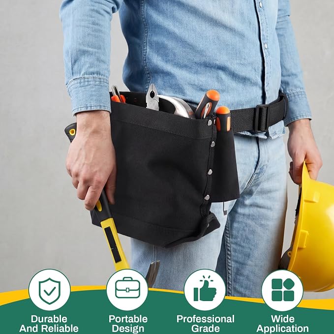2 Pcs Tool Pouches 5" x 10" x 9", Small Tool Bags Tunnel Connection Utility Pouches for Nuts & Bolts, Double Reinforced Bottom with Belt Strap Connect & Bull Pin Loops for Outdoor Work