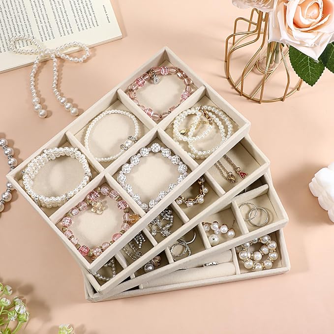 4 Pcs Stackable Jewelry Organizer Trays, 8 x 5 x 1 Inch Velvet Jewelry Trays Beige Jewellery Drawer Inserts Organizer Display Case Storage with Removable Dividers for Earring, Necklace, Rings