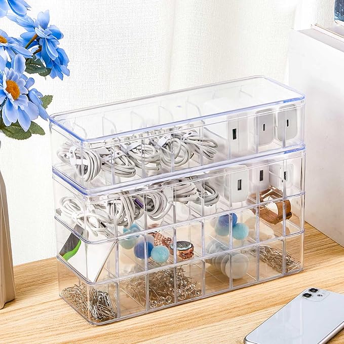 Tatuo 8 Pcs Cord Organizer for Drawer Desktop, Cable Organizer Box with 8 Compartments and Wire Ties, Plastic Charger Storage with Lid, Electronics Case for Home Office Accessories (Small,Clear)