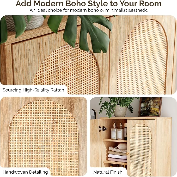 VINGLI Over The Toilet Storage Cabinet, Rattan Bathroom Organizer Behind Toilet,Above Metal Stand Rack Tall Freestanding Wood Cabinet with Wicker Doors,Adjustable Shelf for Bathroom,Restroom,Bohemian