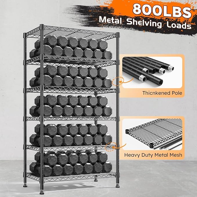 REIBII 6-Tier Metal Shelving Unit, 800LBS Heavy Duty Wire Shelving with Anti-Tipping Kit, No Tools Needed, Adjustable Storage Shelves for Garage Pantry Kitchen Closet, 13.8" D x 21.5" W x 70.5" H