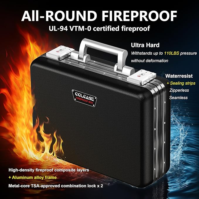 COLCASE Fireproof Document Box, Ultra Hard Metal Frame Fireproof Safe Box | Aluminum Alloy Frame Zipperless All-Around Fireproof Document Organizer with TSA Lock Black