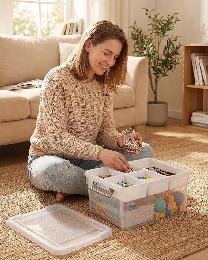 Clear Storage Box with Dividers, Plastic Organizer Box with Compartments and Secure Lid, Multi-Compartment Craft Organizer for Beads, Sewing Supplies, Jewelry, Toys and Small Parts Storage Container