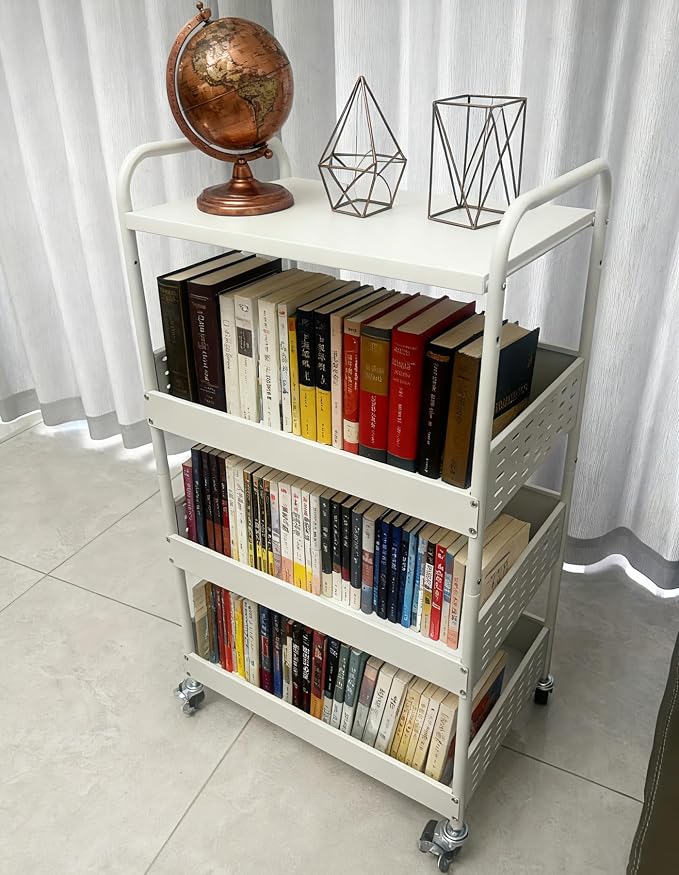 Stable 4 Tier Rolling Metal Storage Organizer, Heavy Duty Kitchen Rolling Cart, Metal Top Vegetable Storage Cart with Wheels for Kitchen Pantry Utility Use (White)