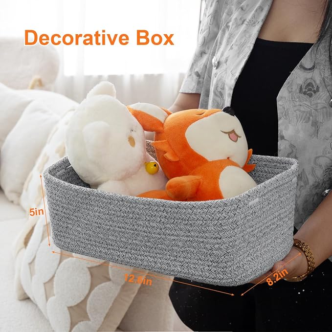 Small Storage Baskets for Organizing, Woven Storage Bins for Shelves, Gift Basket Empty, Cute Decorative Closet Organizer, Baby Rope Basket, Dog Toy Storage, 13.2x8.2x5.2”, 3Packs Mixed Gray
