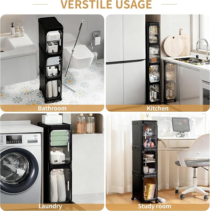 4-Tier Tall Narrow Slim Bathroom Storage Cabinet, Black | Tool Free Assembly, Adjustable Shelves, Fits for Narrow Spaces, Reinforced Stability, Magnetic Clear Door