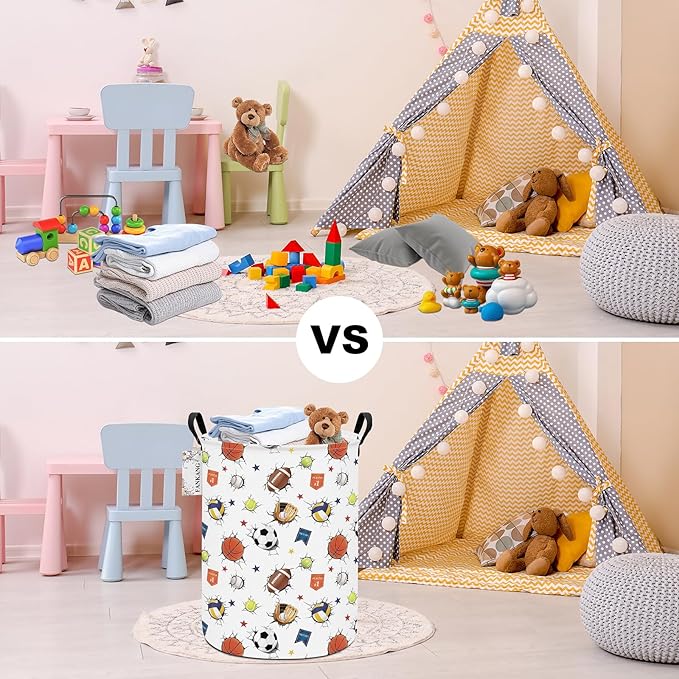 FANKANG Storage Basket, Nursery Hamper Canvas Laundry Basket Foldable with Waterproof PE Coating Large Storage Baskets for Kids Boys and Girls, Office, Bedroom, Clothes,Toys(3D Sports Balls)