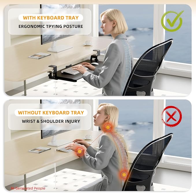 ERGOMAKER Keyboard Tray Under Desk, Pull Out Keyboard Tray with C Clamp Mount, 25.6" (29.7" Including Clamps) x 11.8" Slide-Out Platform Computer Drawer for Typing, Keyboard & Mouse Tray, Black