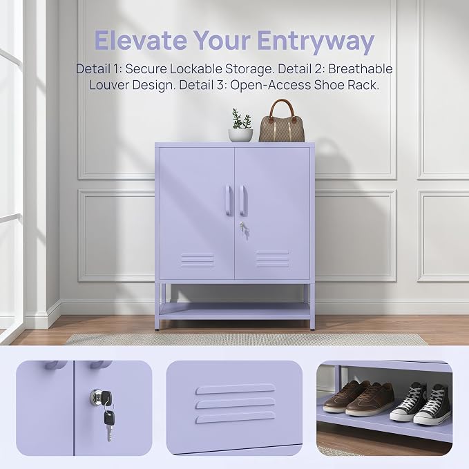 Lockable Metal Shoe Cabinet,Heavy Duty Storage Cabinet with 1 Adjustable Shelves,Purple Metal Storage Cabinet for Home,Entrance,Living Room,Bathroom 33" H X 29.5" W X 13.8" D