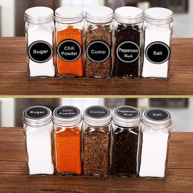 SWOMMOLY 25 Pcs Glass Spice Jars with Labels, 4oz Spice Bottles with Lids | Empty Square Spice Containers with Pour/sift Shaker Lid, Airtight Cap, 703 Spice Labels, Chalk Marker and Funnel.