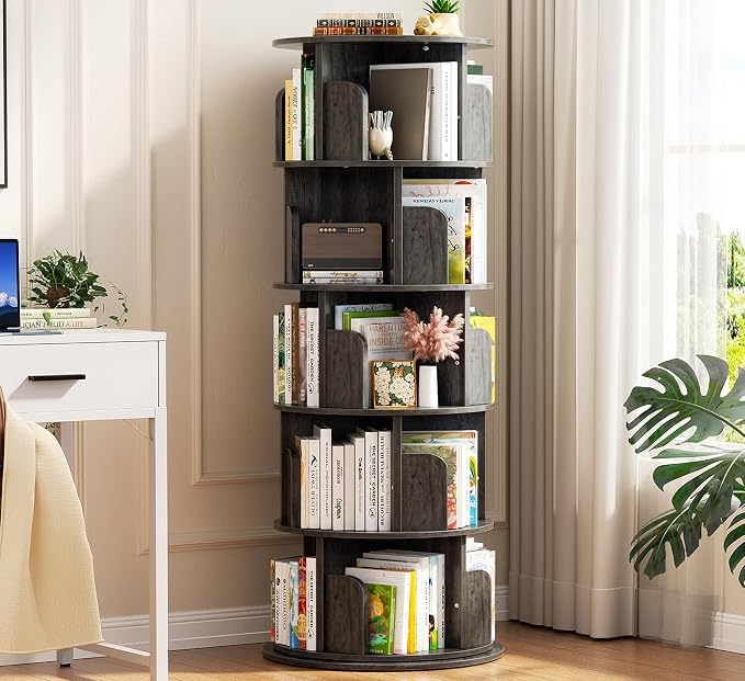Aheaplus 5 Tier Rotating Bookshelf, Wood Spinning Bookshelf Tower, Round Revolving 360 Bookcase, Narrow Turning Book Shelf Rolling Corner Organizer for Small Space, Bedroom, Office, Black Oak
