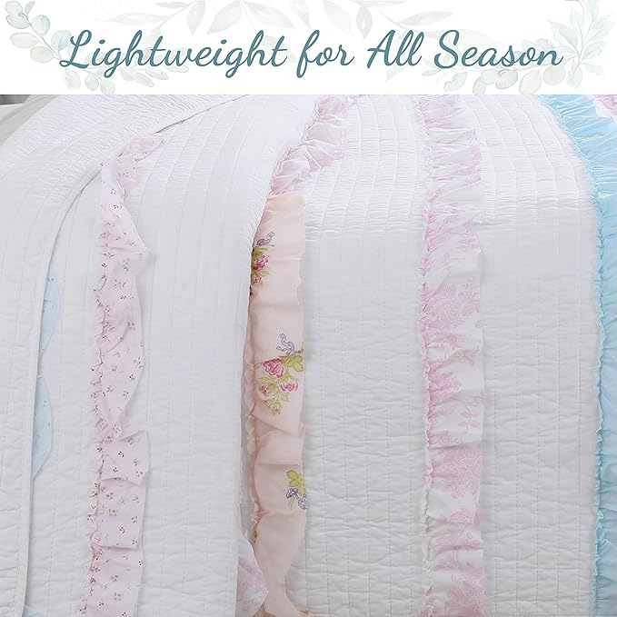 Cozy Line Home Fashions Light Pink Blue Coral White Ruffle 100% Cotton Reversible Girl Quilt Bedding Set, Reversible Coverlet Bedspread (Shabby Chic, Twin - 3 Piece)