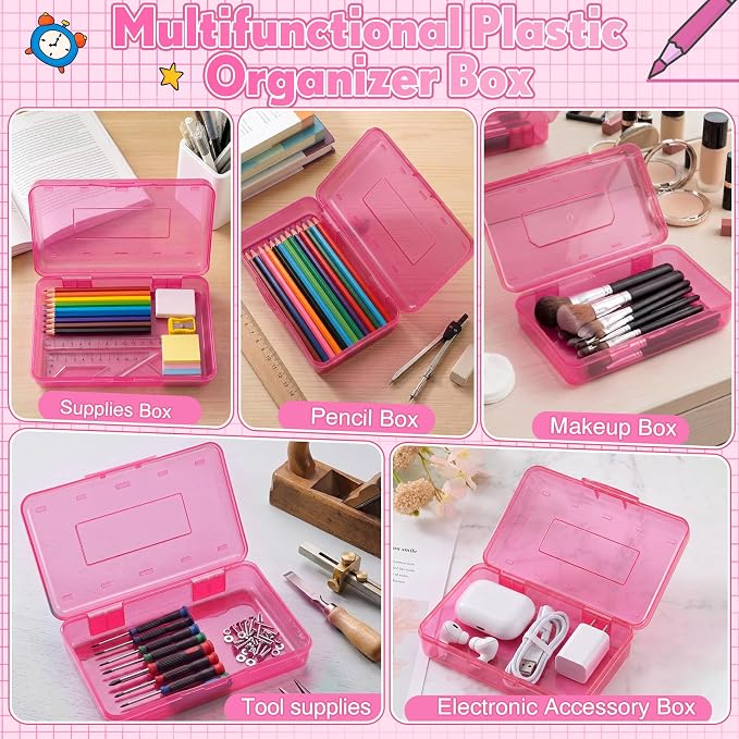 Blulu 6 Pack Large Plastic Pencil Case Box Clear Pencil Boxes Bulk Hard Crayon Box Storage with Snap Lids 8.1 x 4.7 x 2.2 Inch Painting Organizer Classroom Stationery School Supplies (Pink)